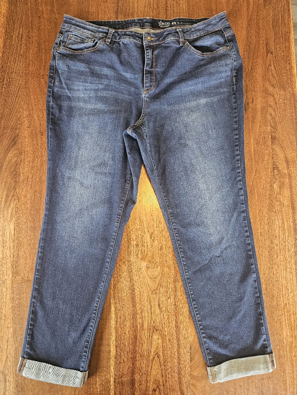 D&co Womens Skinny Jeans Cuffed Bottoms Dark Blue Denim Size 20W